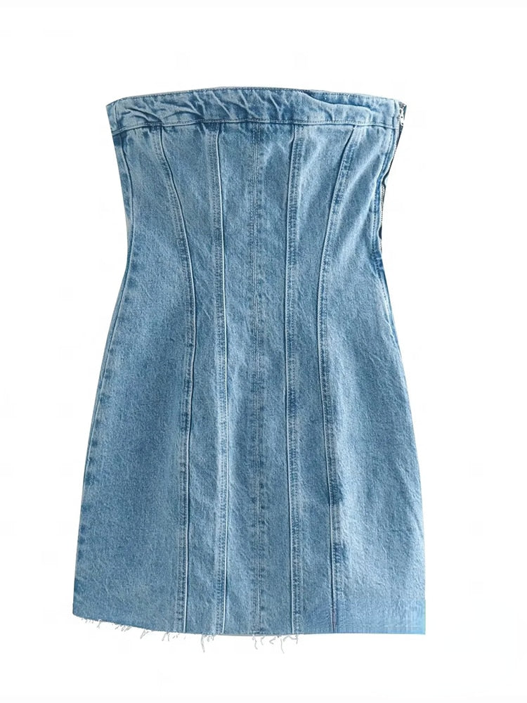 Bare-Shoulder Blue Denim Dress - Image 5